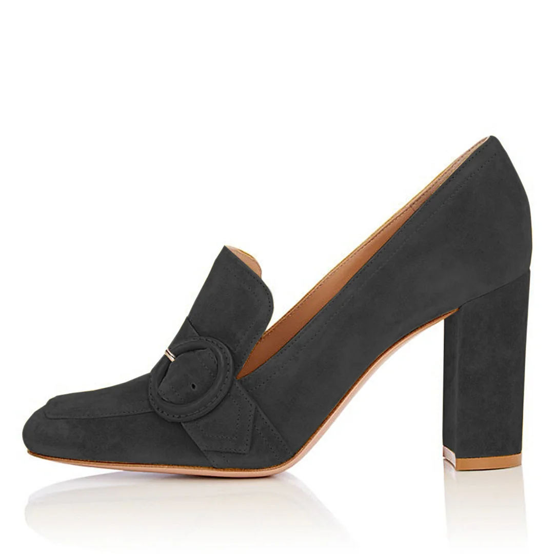 Black Faux Suede Buckle Inlay Elegant Loafers with Chunky Heels