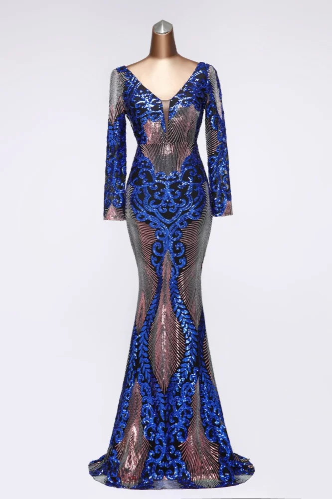 royal blue v-neck sequins long sleeve prom dress