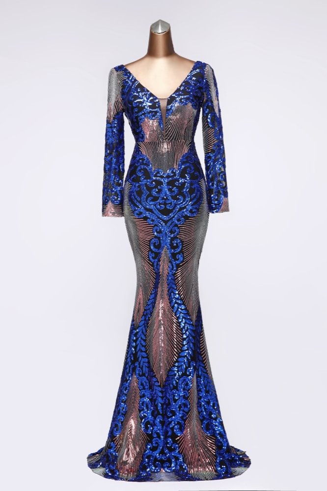 royal blue v-neck sequins long sleeve prom dress