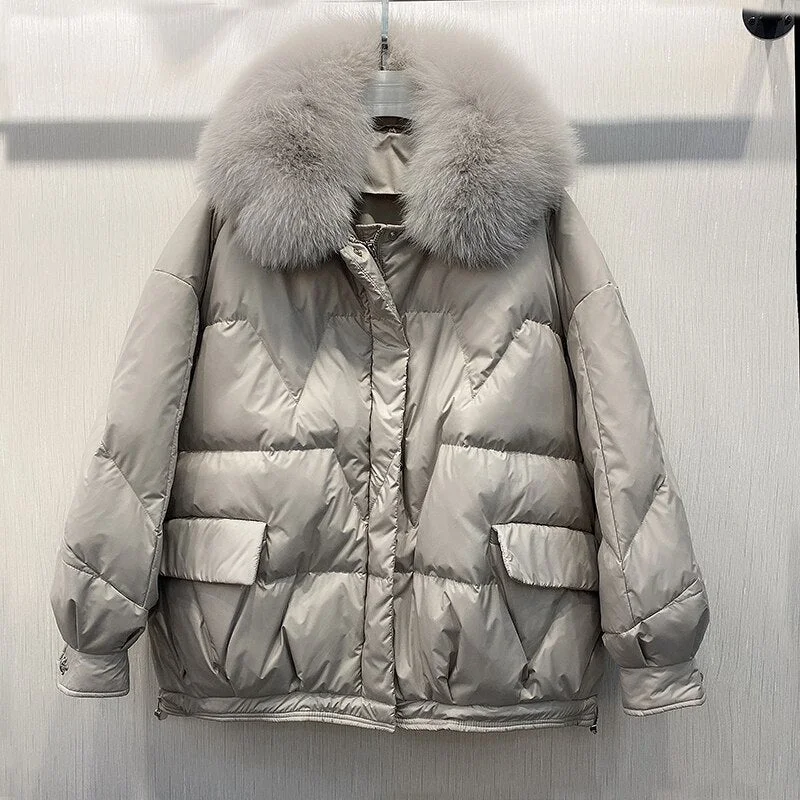 Ailegogo Real Fox Fur Women White Duck Down Jacket Female Thick Warm Down Coat Good Quality Winter Coat Women Loose Down Parka