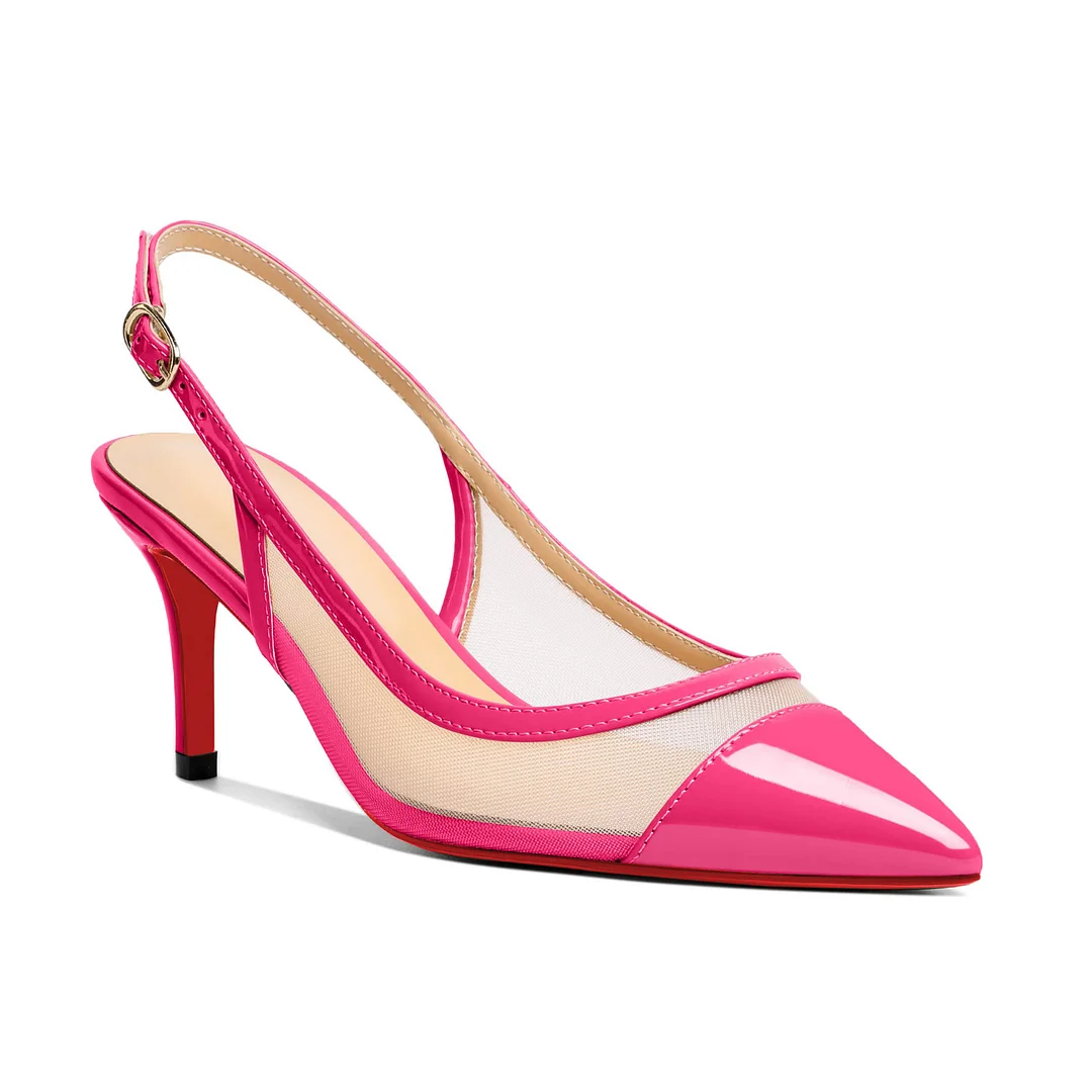 65mm Women's Pointed Toe Kitten Heel Ankle Buckle Pumps Mesh Red Bottom Patent Shoes-MERUMOTE