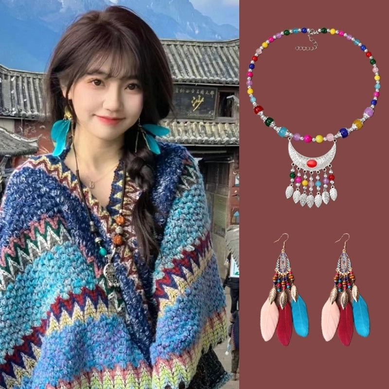 Yunnan Lijiang Travel Outside Knitted Shawl Ethnic Style Vintage Cape Cloak Tassel Scarf For Vacation Wear