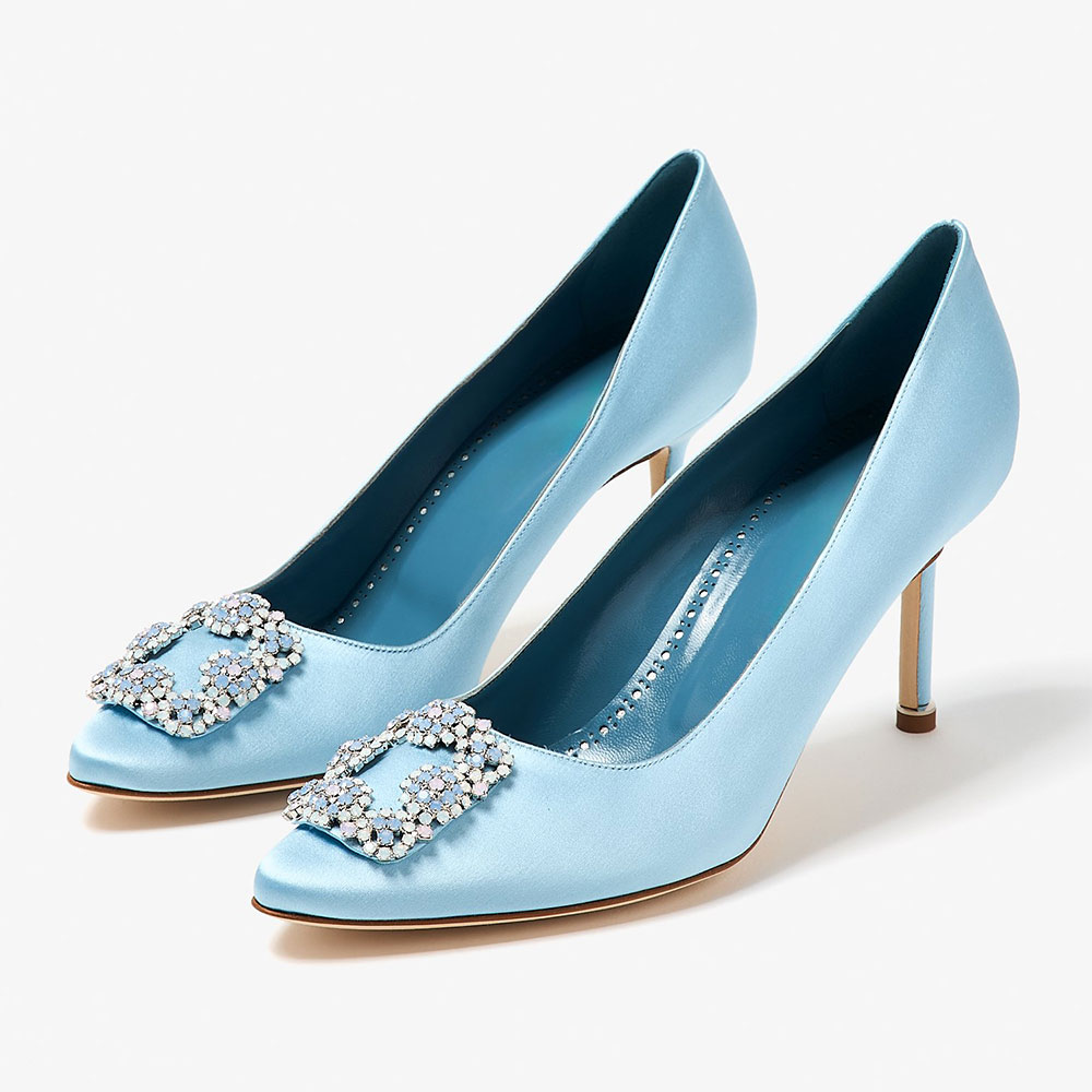 Blue Satin Rhinestone Buckle Stiletto Heels Almond Toe Wedding Pumps Nicepairs