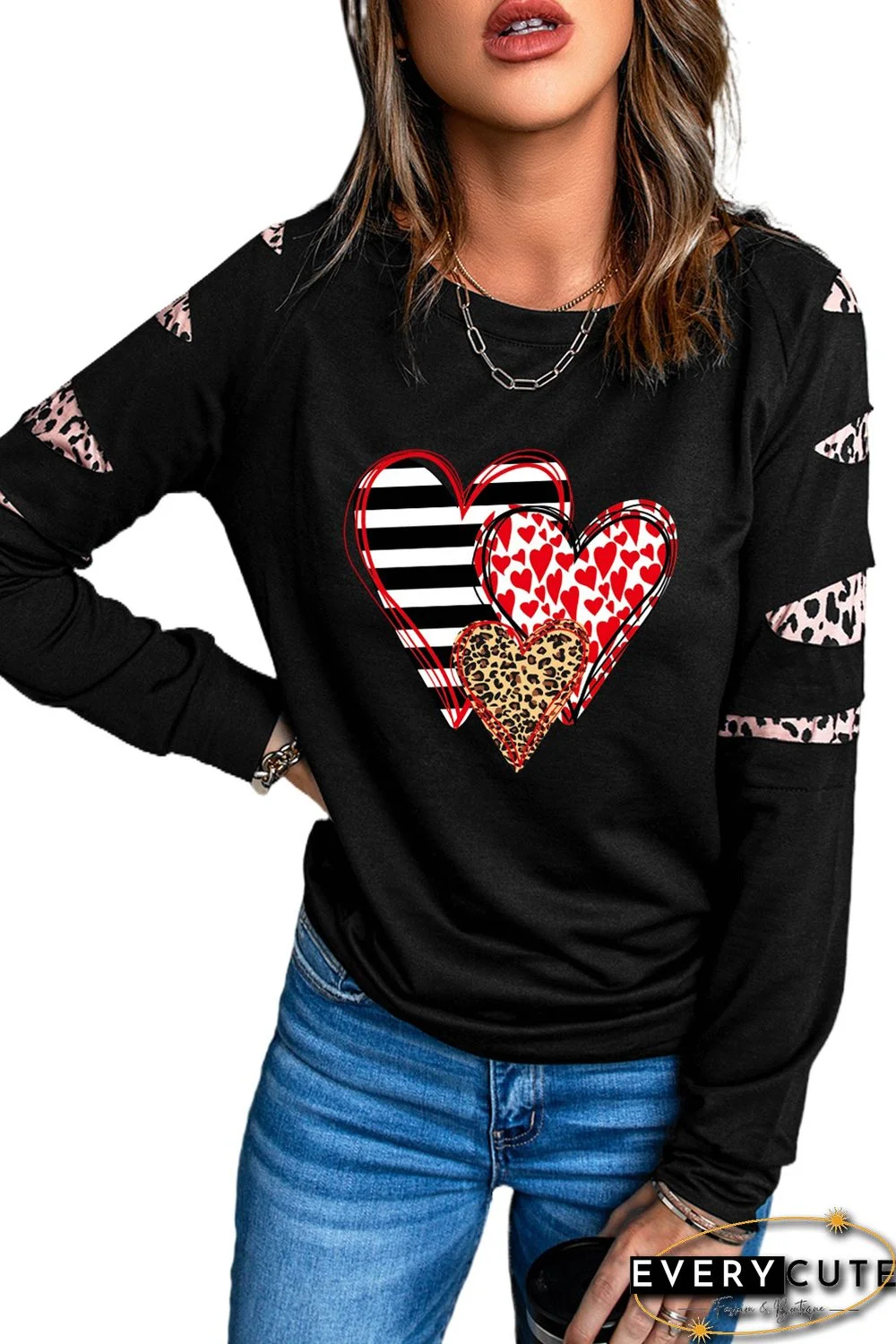 Black Valentine Heart Print Leopard Patchwork Long Sleeve Top