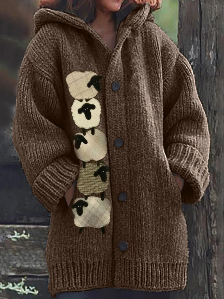 VChics Sheep Plaid Patches Cozy Knit Hooded Cardigan
