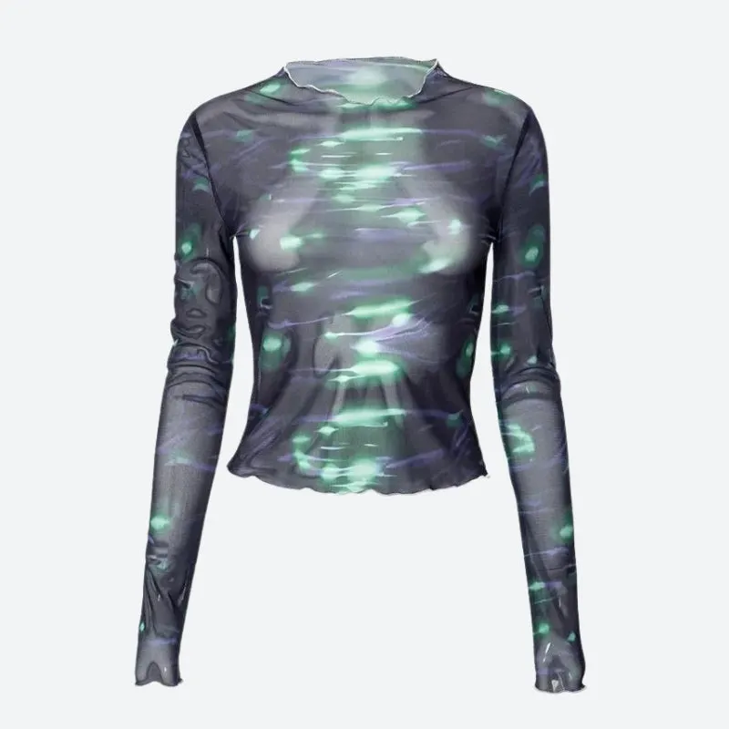Brownm Green Lights Mesh Top