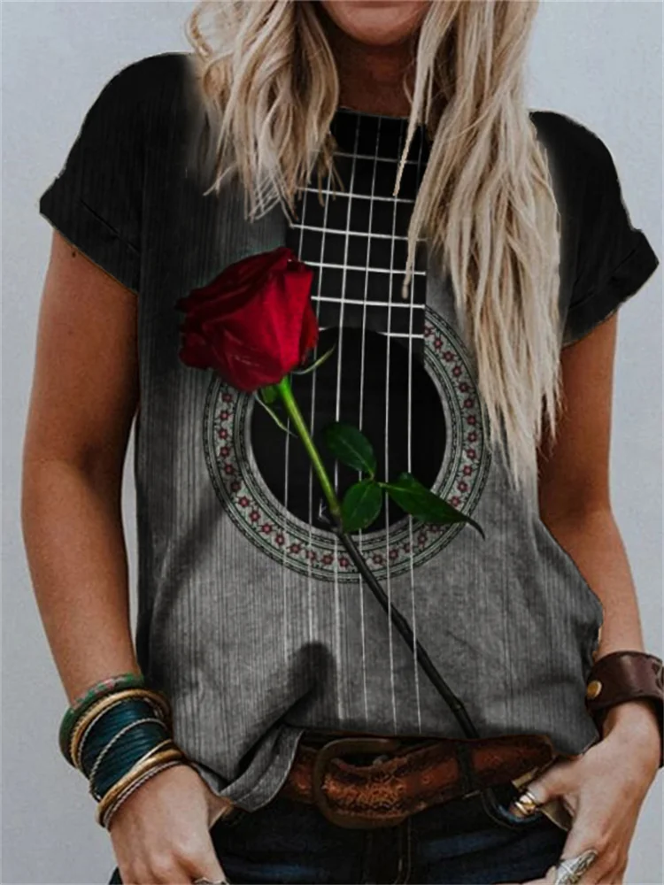 Music Lover Rose On Guitar Art Crew Neck T Shirt