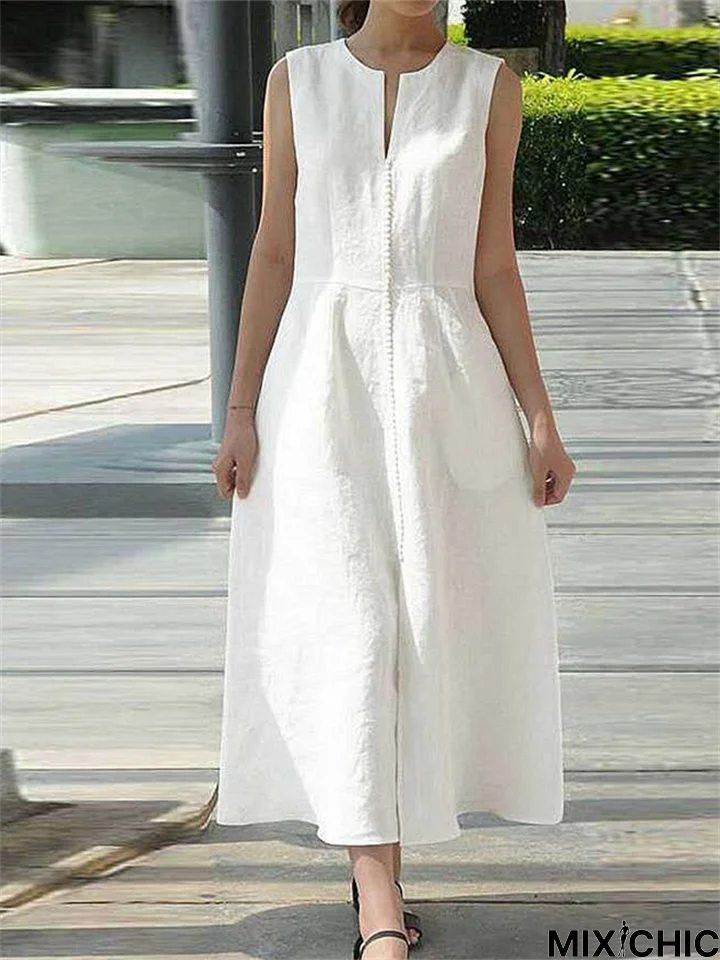 V-Neck Waist Belt Cotton Linen Hem Split Sleeveless White Dresses