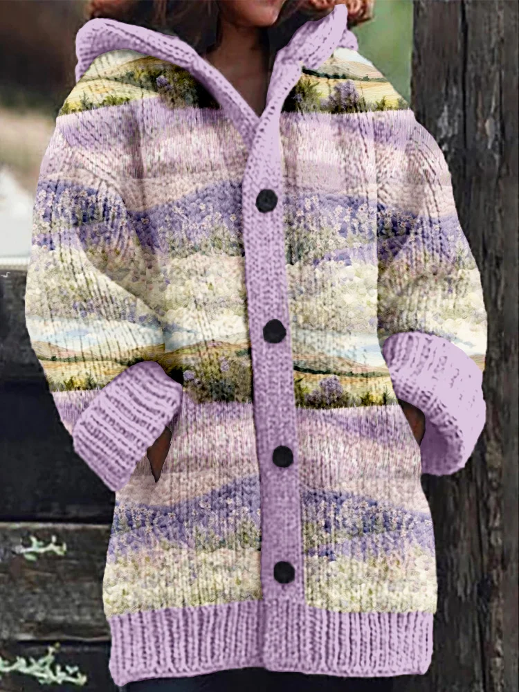 Lavender Garden Embroidery Pattern Cozy Hooded Cardigan