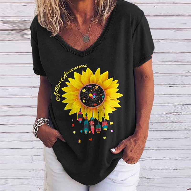 Geometric Heart Sunflower Pattern Casual Women's T-Shirt