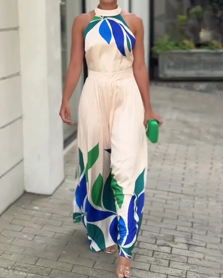 Round Neck Halter Neck Leaf Print Wide Leg Jumpsuit