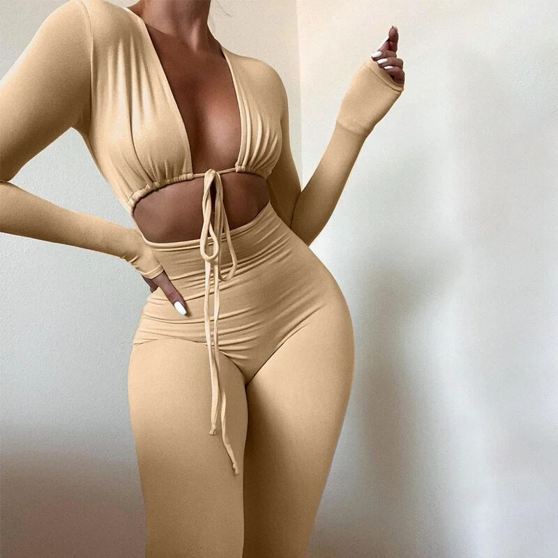 Abebey Long Sleeve  Bodysuit Women Jumpsuits Solid Color Female Deep V-Neck Tied Up Rompers Fitness Front Hollow Out Long Pants  2023
