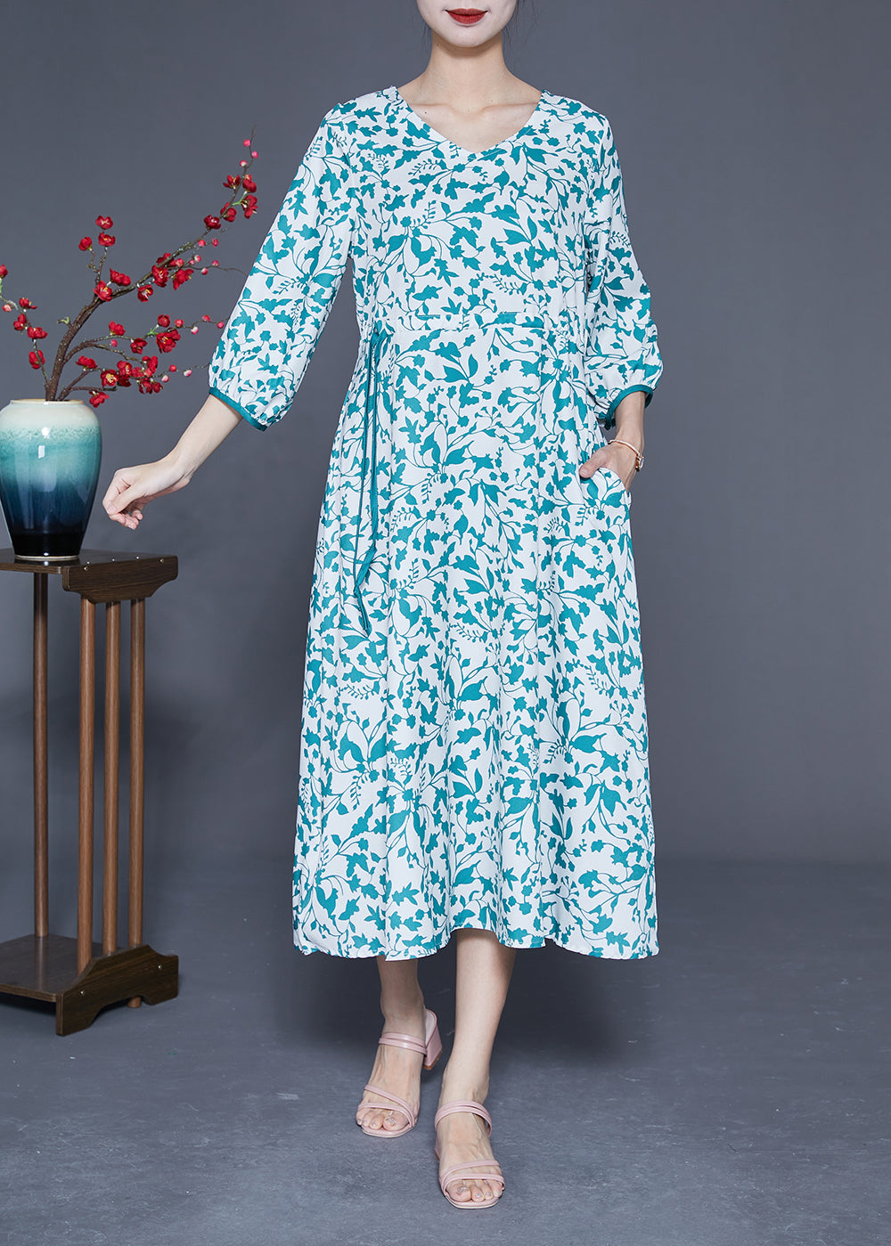 VCSHOES Blue Print Tie Waist Pockets Silk Dress Bracelet Sleeve