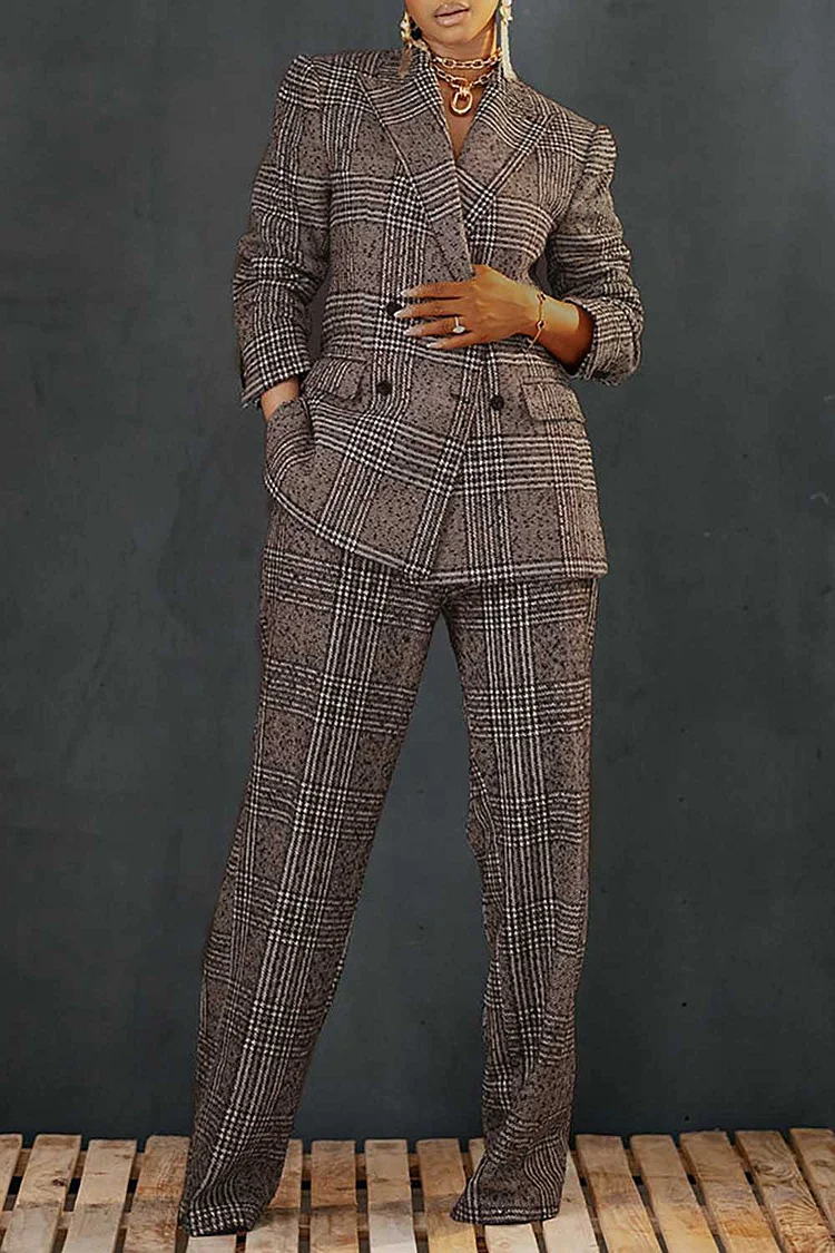 Plus Size Business Casual Pant Set Grey Plaid Lapel Blazer Suit Two Piece Pant Set