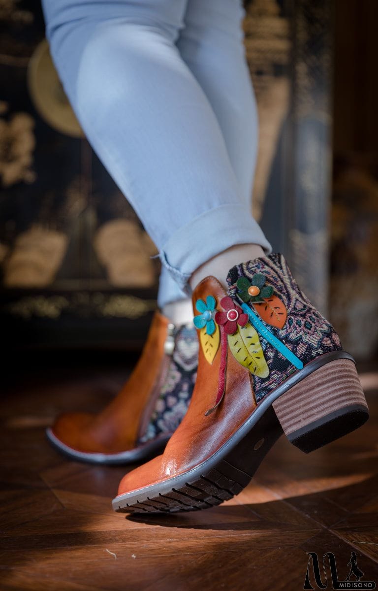 MidiSono - SOFFIA | PETAL APPLIQUE LEATHER ANKLE BOOT