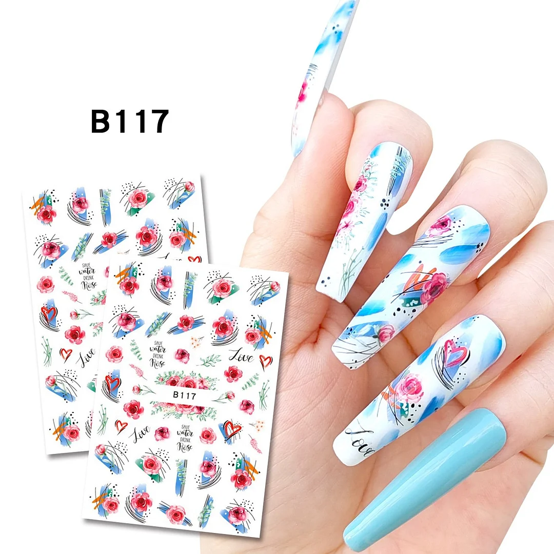 Purple Red Pink Rose Flower 3D Nail Sticker Leaves Love Heart Self-Adhesive Slider Art Decorations Decals Manicure Accessories-Nail Inspo