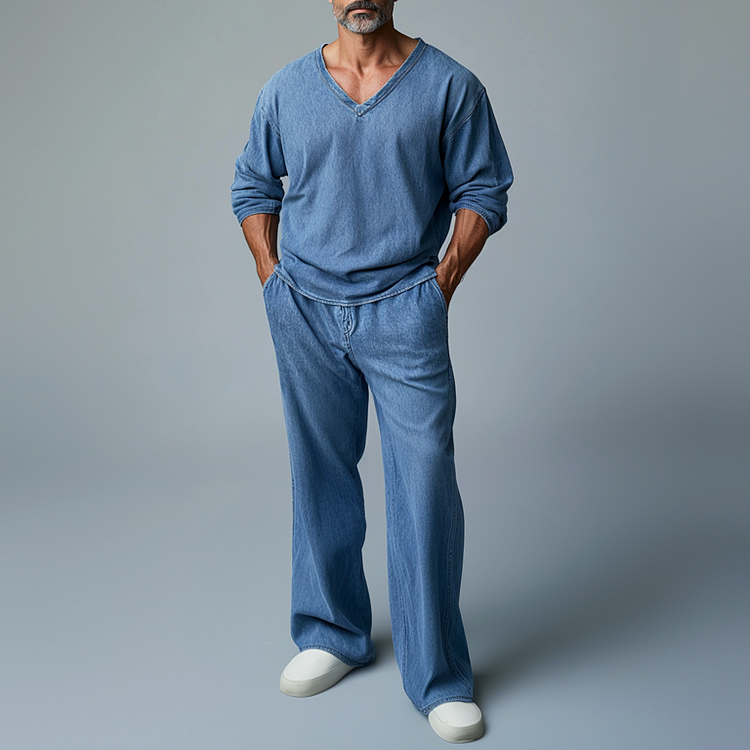 Men's Denim V Neck Long Sleeve T-Shirt & Jeans 2Pcs Set