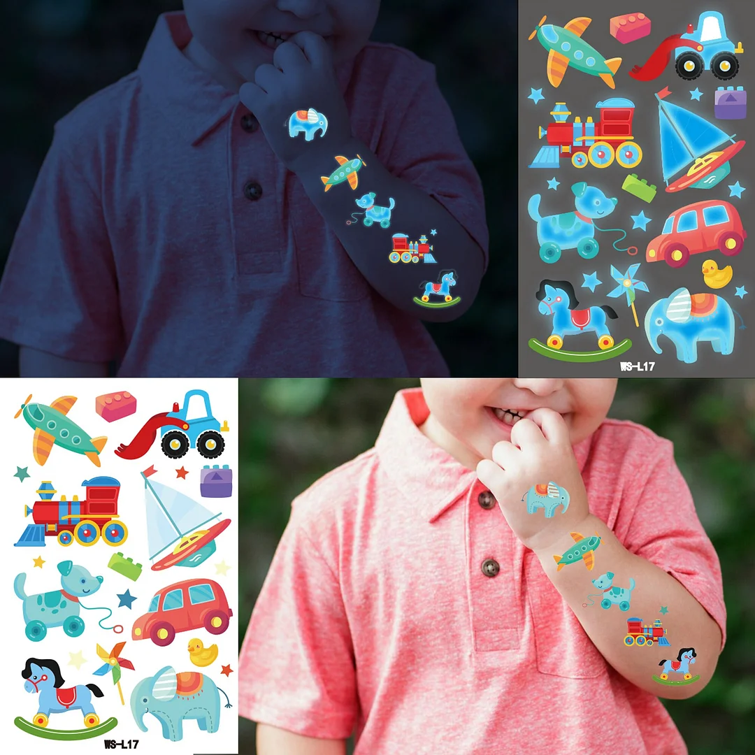 Sdrawing Glow In The Dark Temporary Tattoos For Kids Boys Kids Fake Luminous Tattoo Flash Animal Cartoon Party Favor Set Glowing Zoo