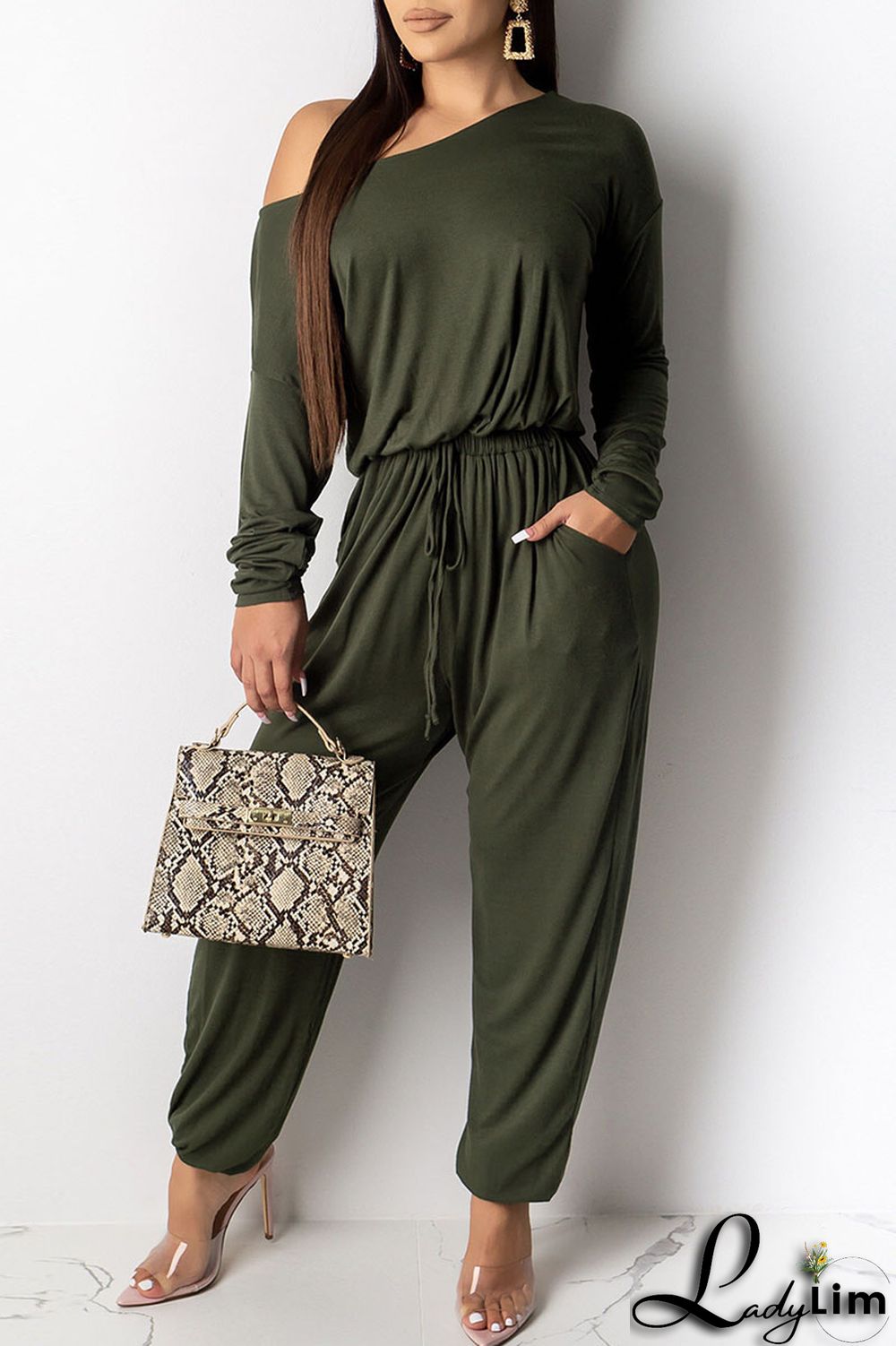Grey Casual Solid Patchwork Frenulum Oblique Collar Straight Jumpsuits
