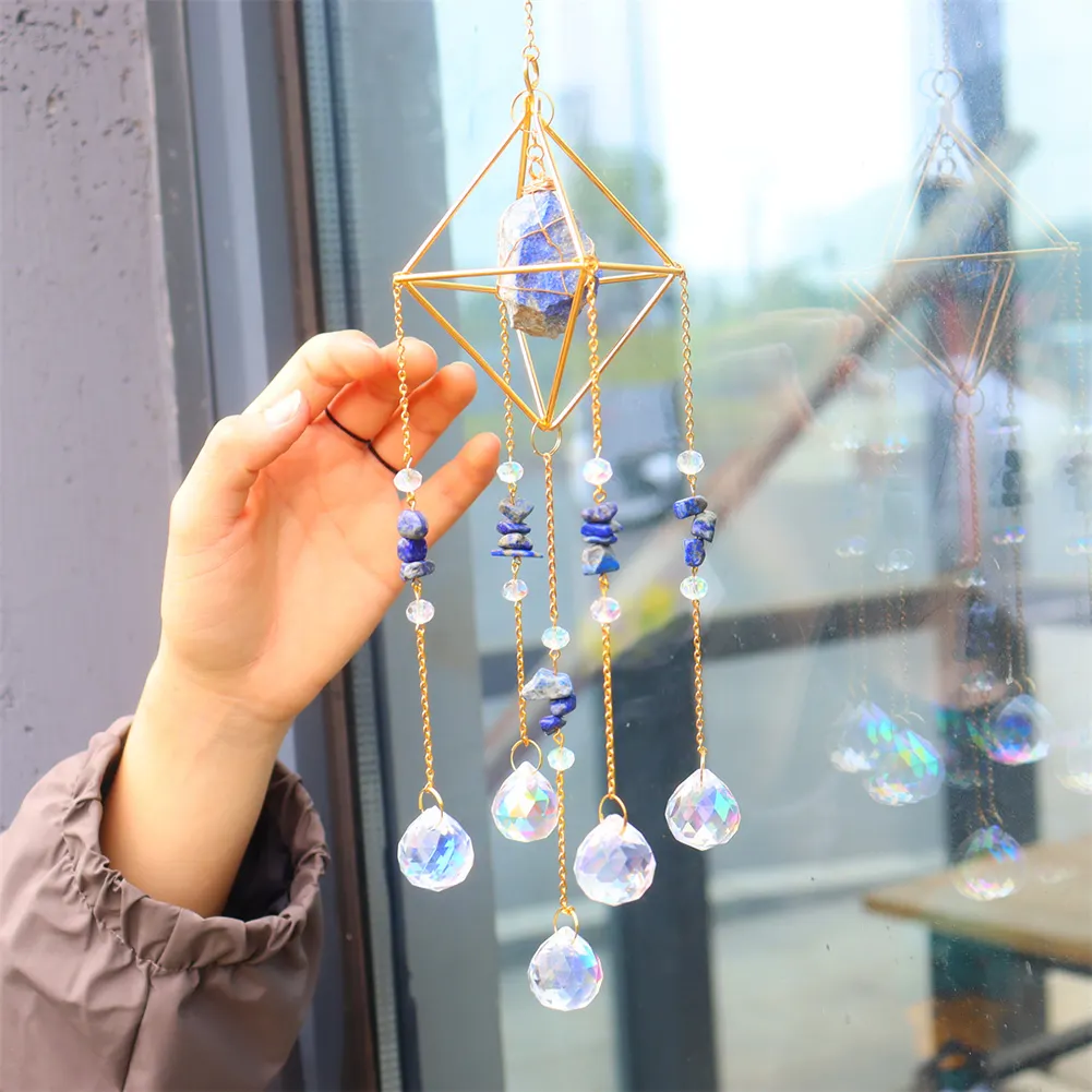 Crystal Wind Chimes Natural Stone Prism Light Catcher Decor (Dark Blue)