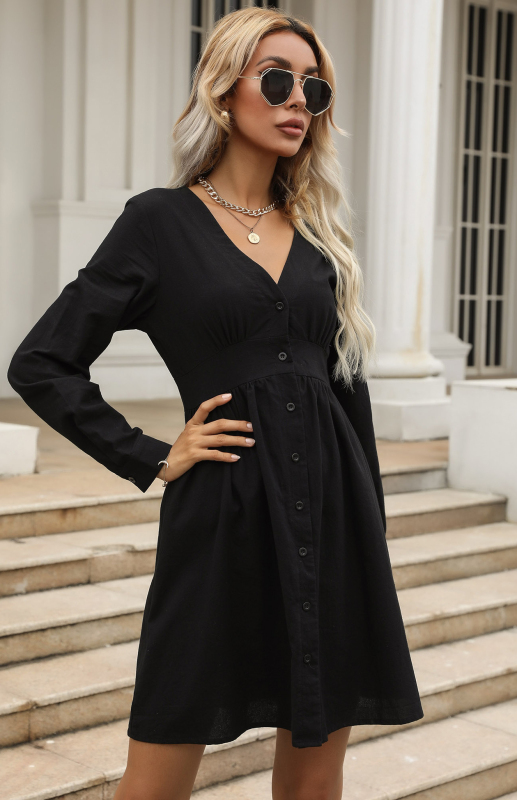 Mature Women Autumn And Winter Slim Shirt Dress Black V-Neck Cotton Linen Dress