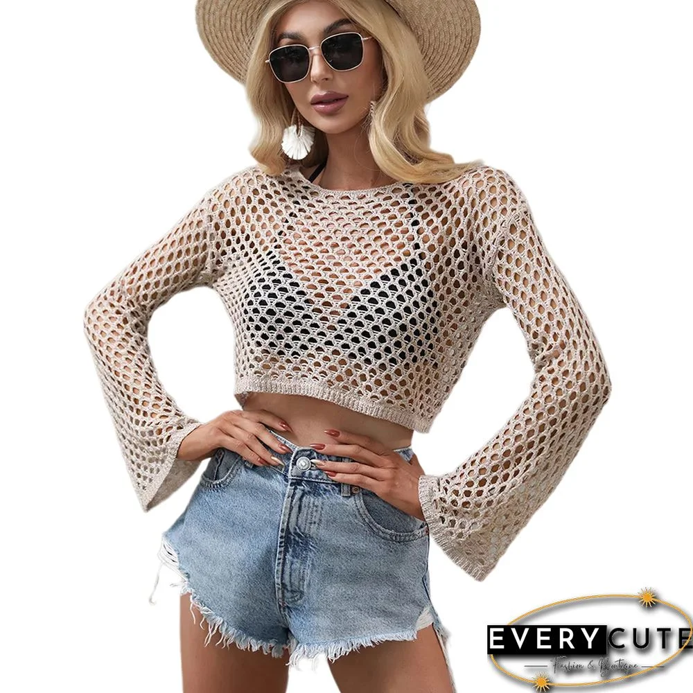 Khaki Hollow Out Long Sleeve Beach Cover up