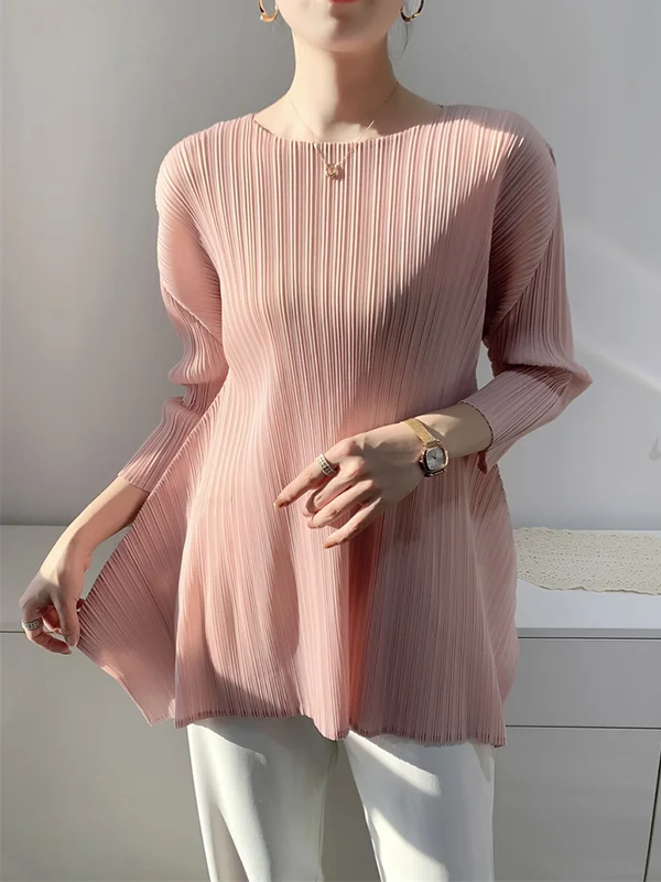 Casual Roomy Three-Quarter Sleeves Pure Color Round-Neck T-Shirts Tops