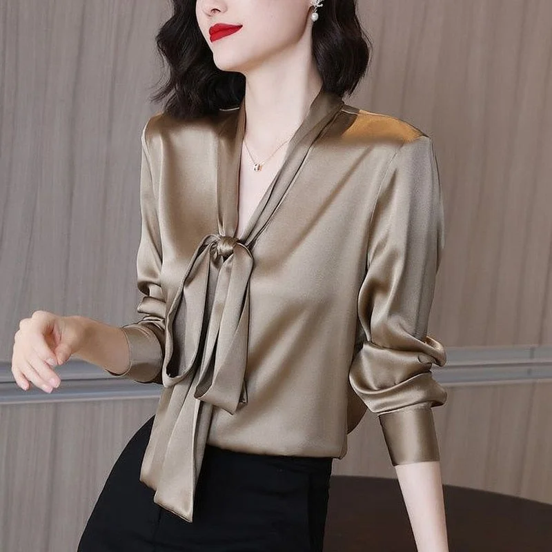 Elegant Bow Satin Shirt Women Clothing 2022 Spring New Fashion Office Lady Solid V-Neck Long Sleeve Loose Commuter Blouse Female