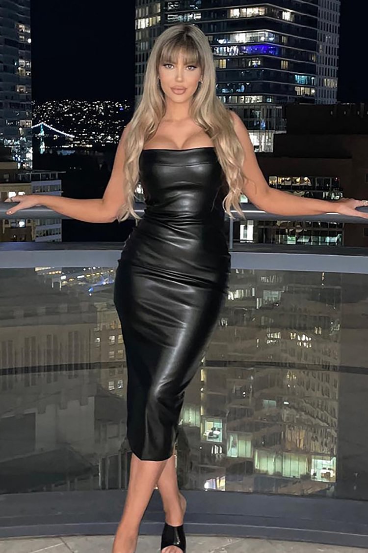Ruched Bodycon Leather Sling Midi Dress