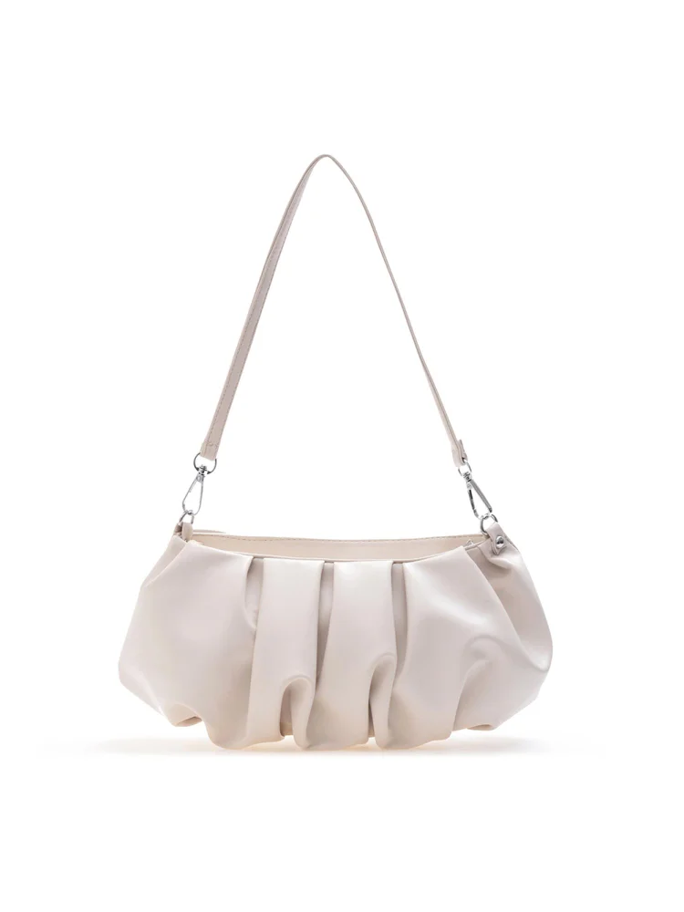 Pleated Shoulder Handbag Women Solid PU Elegant Underarm Cloud Bag (White)