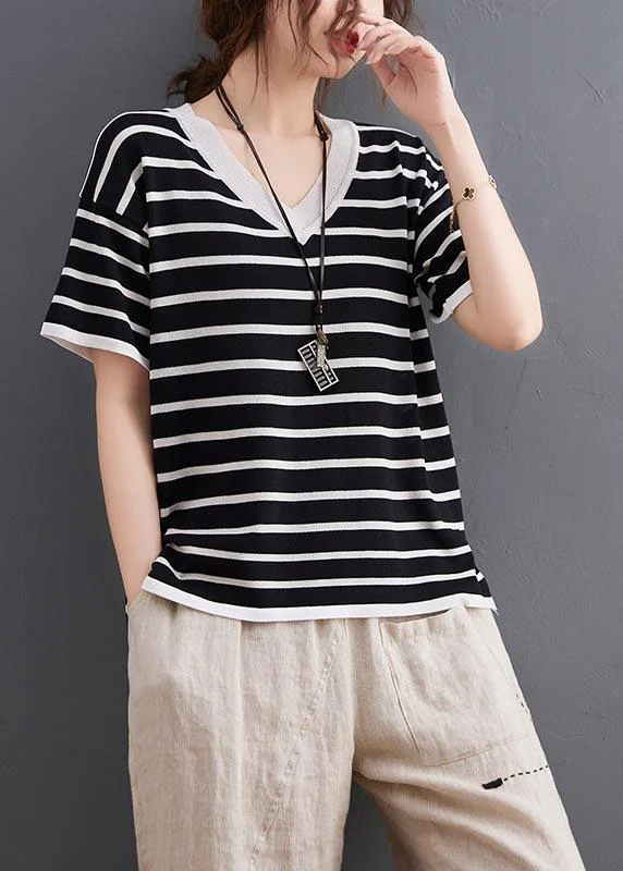 Chic Black Striped V Neck Cotton Linen Summer Tee