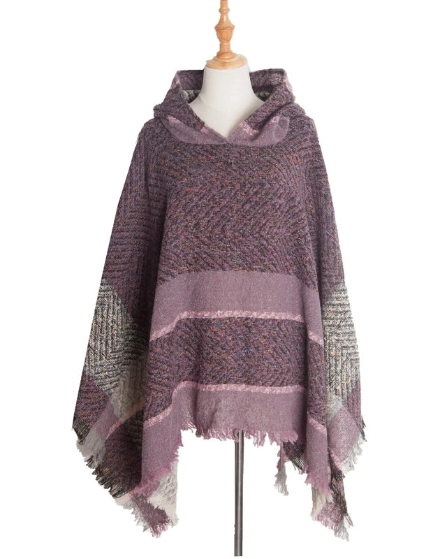 Factory Direct Supply New Spring And Autumn And Winter Fish Bone Pattern Ladies Hooded Shawl Pullover Cloak