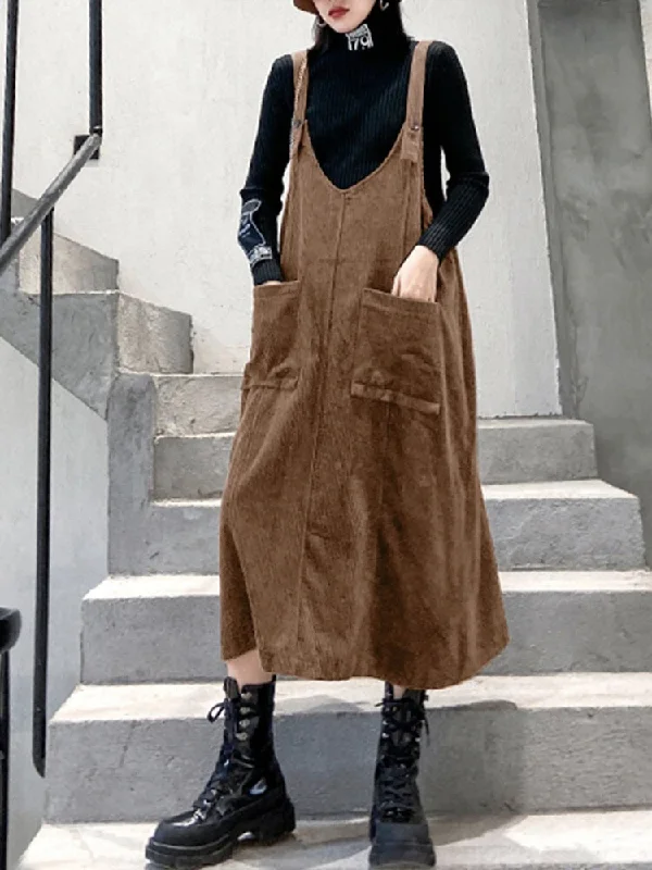 Casual Solid Color Split-Joint Midi Overall Dress