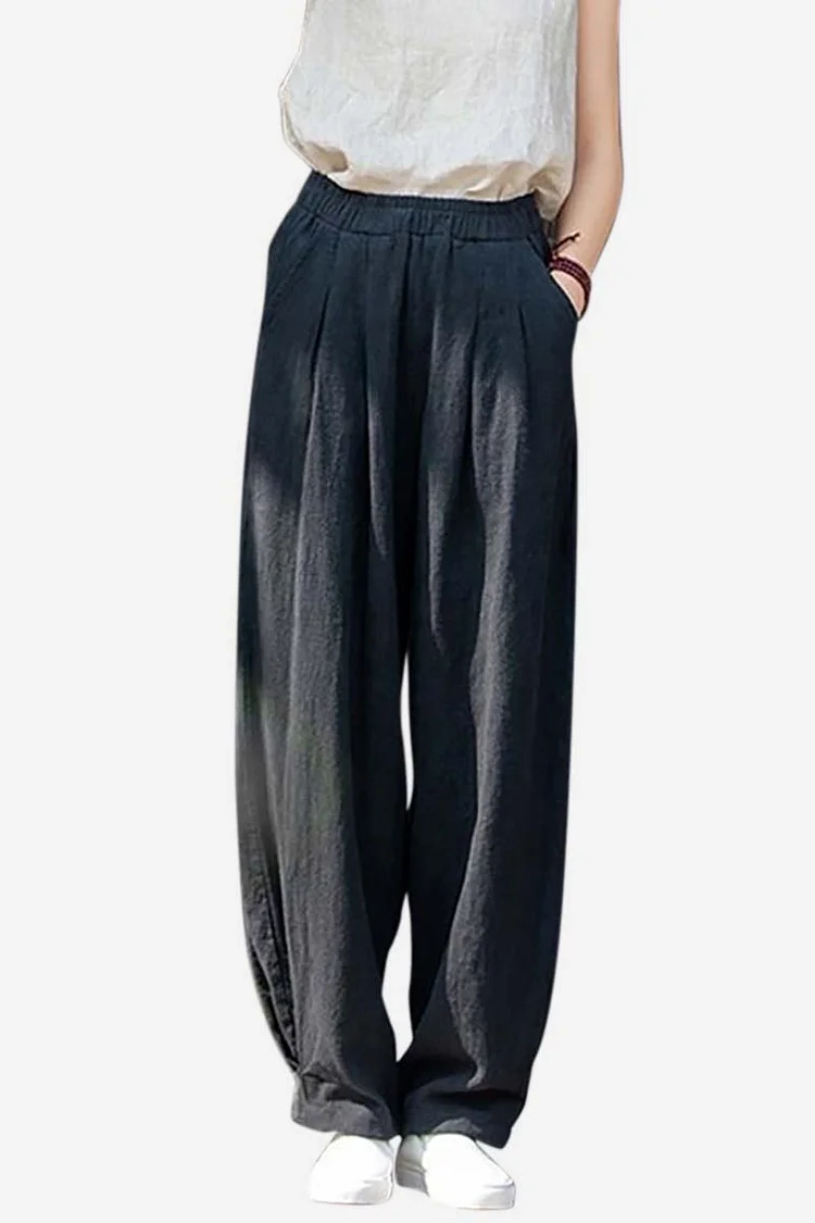 High Elastic Waist Pocket Wide Leg Linen Pants