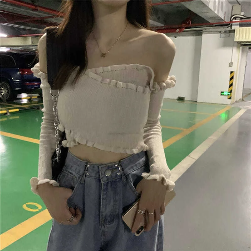 Knitted Sexy Off Shoulder Top Blouse Women Long Sleeve Ruffles Evening Party Club Cropped Tee Shirt Cross Skinny tube Tops