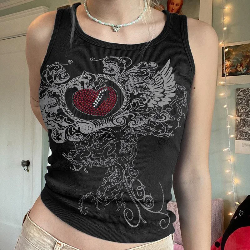 Uveng Uveng Women's Personality Hot Diamond Print Tight Round Collar Vest Sports Bottom Top