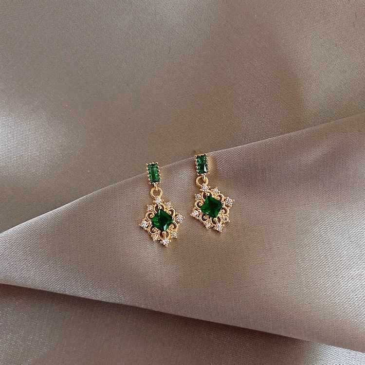 YOY-Fashion Geometric Compact Zircon Green Crystal Earrings