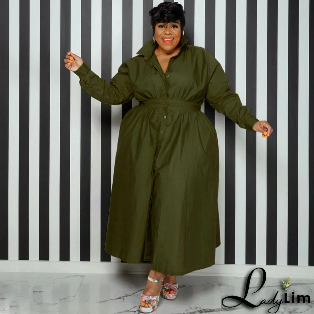 Plus Size Women Solid Turndown Collar Long Sleeve Shirt Dress