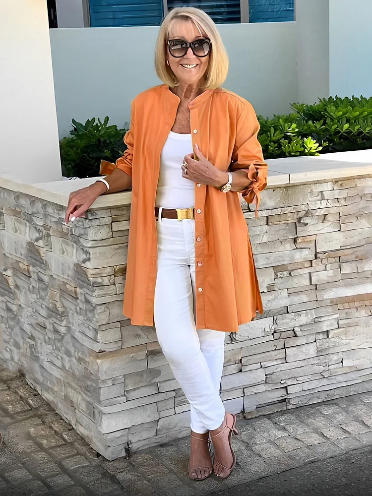 Solid Color Long Cotton Shirt Jackets Women Swing Jacket Shap Flattering Gathered Yolk At The Back