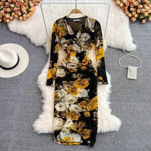 Toloer Women Floral Printed Bodycon Party Dress Female Spring Autumn Sexy V-Neck Long Sleeve High Waist Yellow/Gray/Black Vestidos New