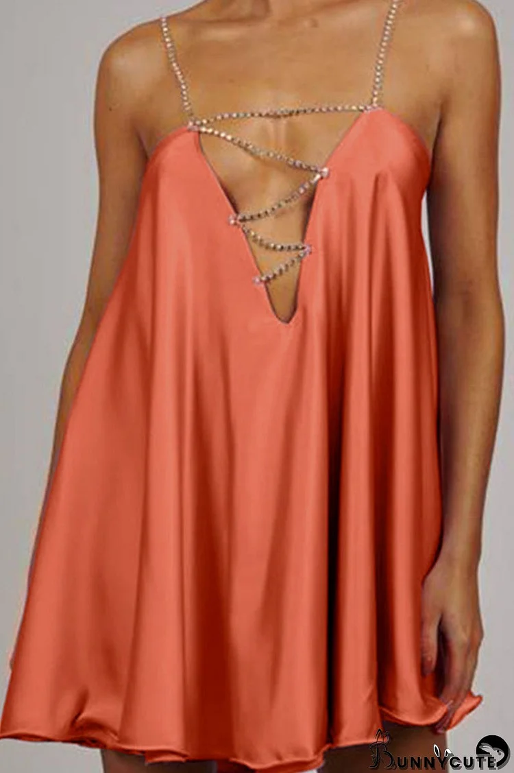 Orange Sexy Solid Patchwork Chains Asymmetrical Spaghetti Strap A Line Dresses