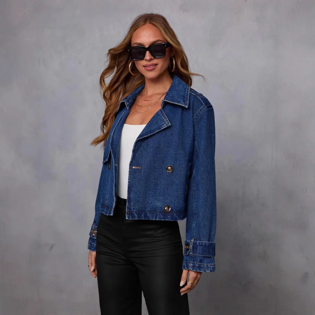 Women's Casual Denim Suit Lapel Collar Solid Color Denim Double-breasted Long-sleeved Jacket
