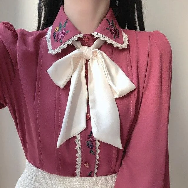 Retro Embroidery Bowknot Single Breasted Button Shirts SP15798