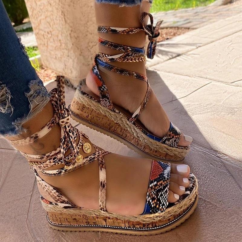 Women Large Size Lace-up Straw Sandals