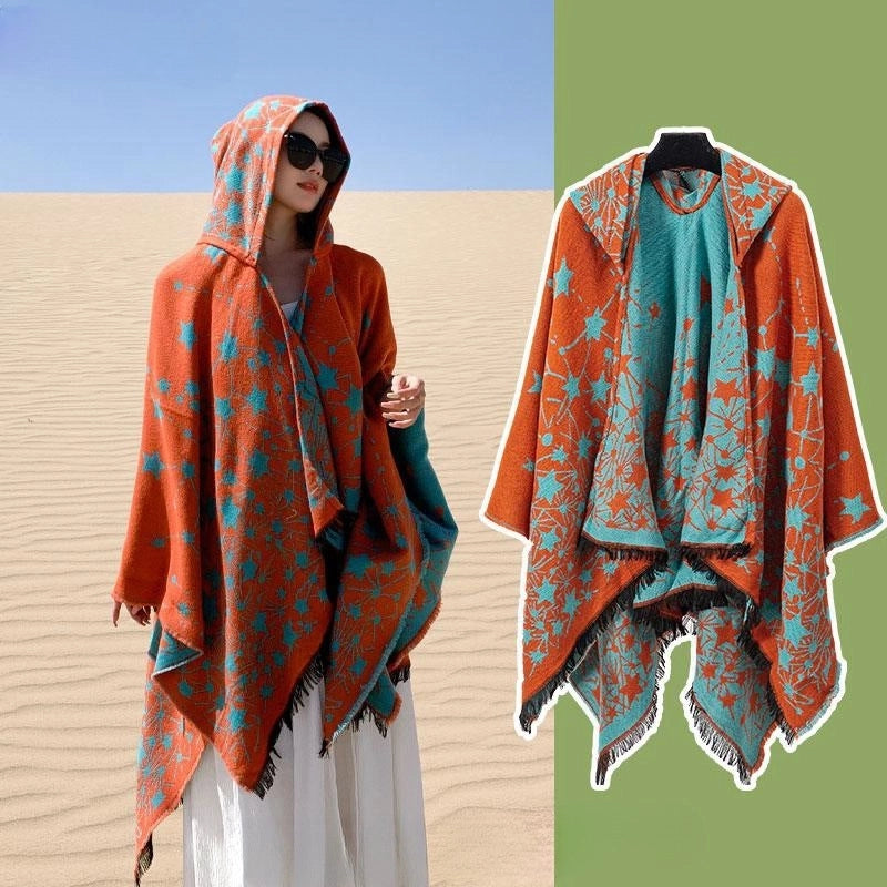 Ethnic Style Hooded Cape Women’s Yunnan Tibet Western Sichuan Grassland Bohemia Travel Wear Scarf Coat