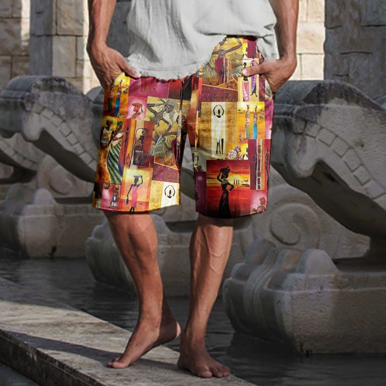 Men's Ethnic Totem Print Drawstring Elastic Linen Shorts、、URBENIE