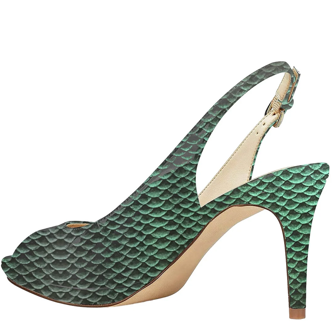 Green Croc Printed Patent Leather Inlay Sandals with Stiletto Heel