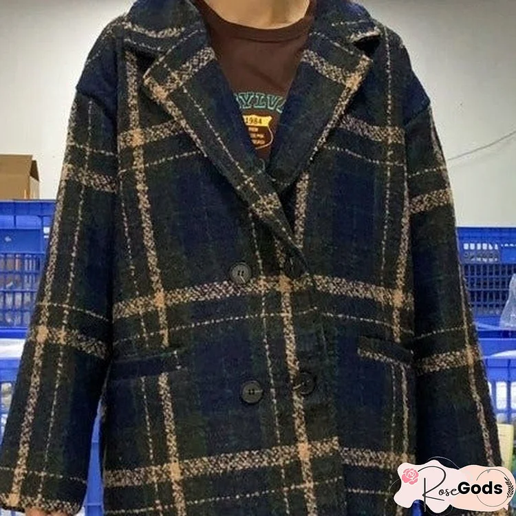 Wool Loose Padded Plaid Long Coat