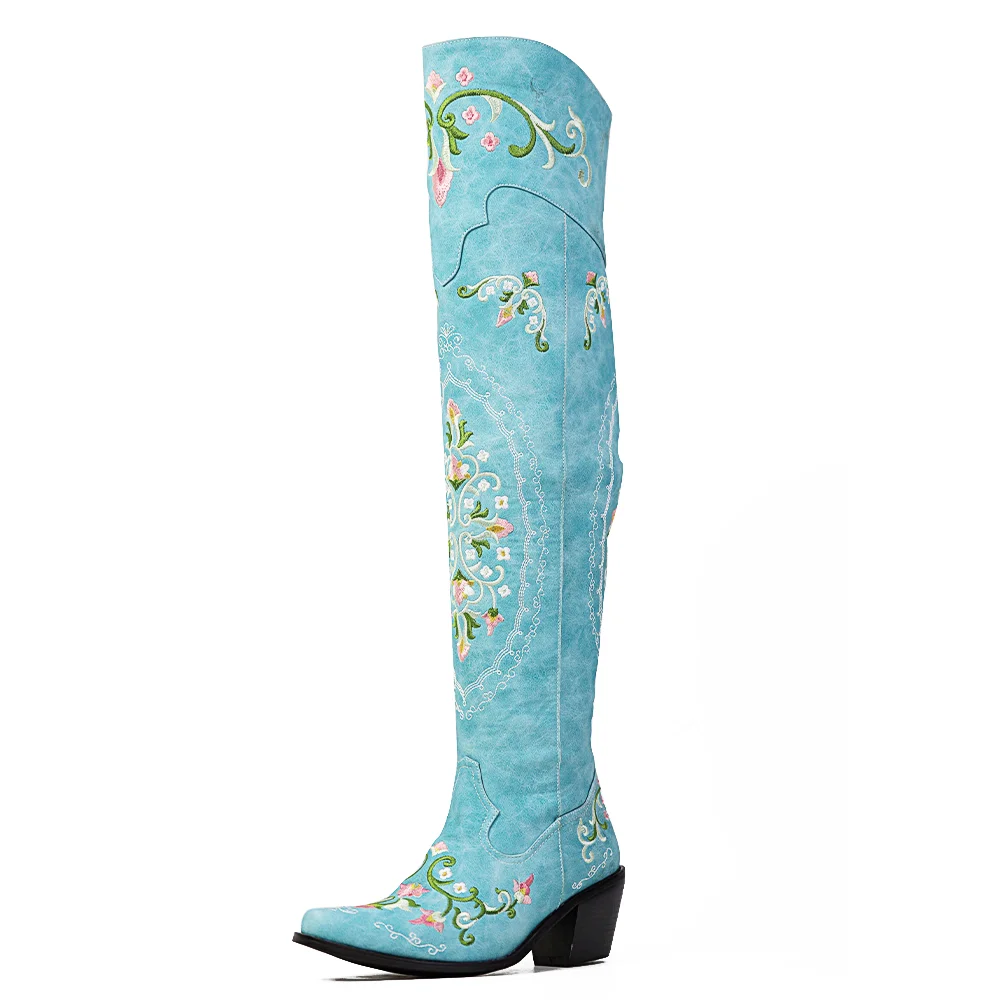Qengg Women's Embroidered Western Knee High Boots Cowboy Cowgirls Over The Knee Boots For Women Flower Chunky Denim Shoes