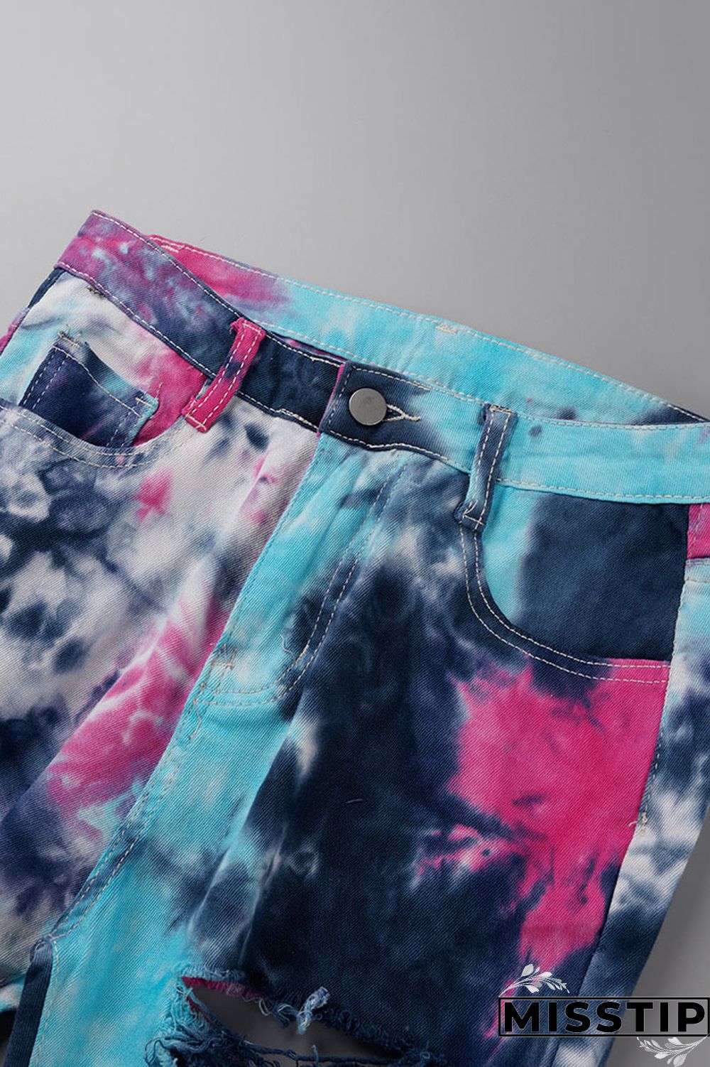 Deep Blue Casual Tie Dye Ripped Turndown Collar Long Sleeve Two Pieces